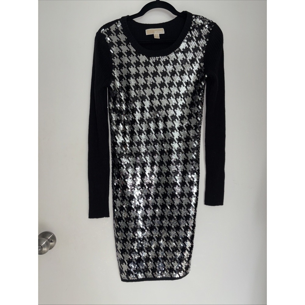 MICHAEL KORS Black And Silver Metallic herringbone Shift Body Con Size S Logo